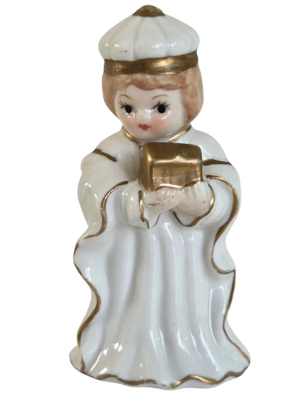 Vintage JAPAN Porcelain Nativity Set 9 pc Hand Painted White & Gold 1990's